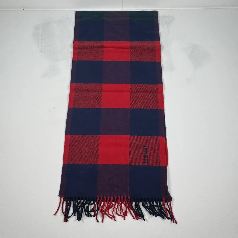 Nautica Vintage Scarf Red Navy Blue Buffalo Plaid Check Fringed Winter NWT